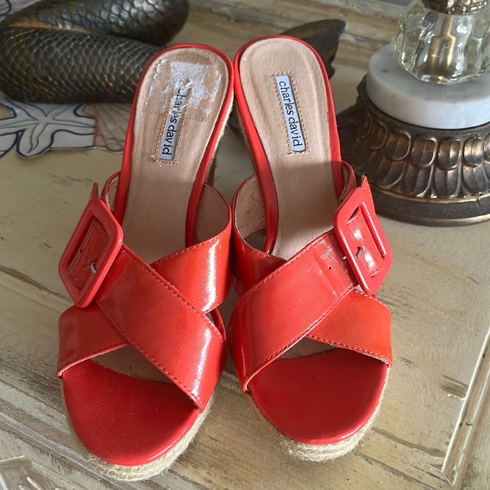 Charles David patent leather coral rope wedges